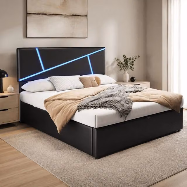 Letto matrimoniale ULEVR 140x200 cm con contenitore idraulico e LED RGB regolabile, rivestimento in similpelle nera