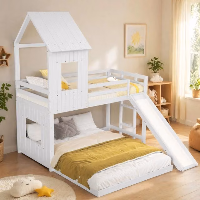 Etagenbett con scivolo; casetta; 90x200/140x200 cm; pino e MDF; bianco