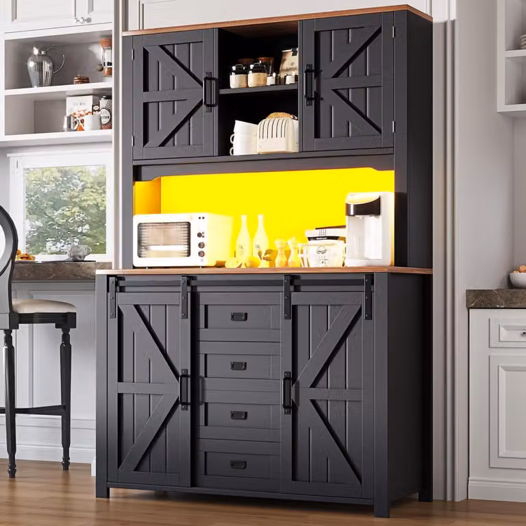 Mobiletto da cucina, credenza laterale, dimensioni 115x40x174,7 cm, colore nero, con illuminazione a LED