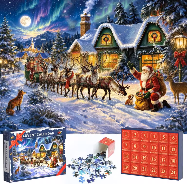 Calendario dell'Avvento a forma di puzzle, con 24 scatole, ognuna contenente 1008 pezzi, per contare i giorni fino a Natale, un passatempo divertente per adulti, un regalo ideale per la famiglia per prepararsi al periodo natalizio