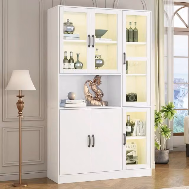 Vetrina moderna REDOM bianca con ante in vetro e illuminazione integrata in MDF, L/P/H: 120 x 40 x 200 cm