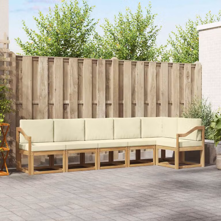 Set di divani da esterno vidaXL a forma di L composto da 6 pezzi in legno di acacia con cuscini bianchi e beige per giardino e terrazzo L/P/H: 304 x 126,5 x 73 cm
