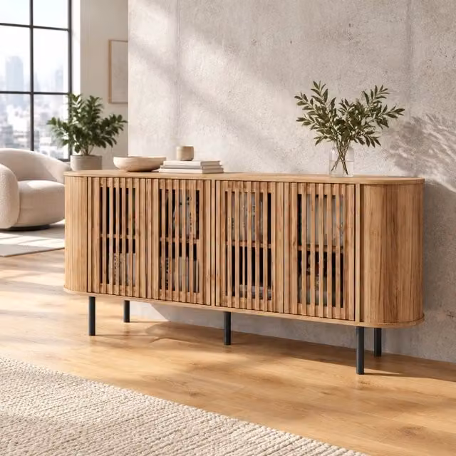 Credenza e madia con 4 ante scorrevoli traforate e ripiani regolabili per soggiorno in MDF naturale 160 × 40 × 70 cm