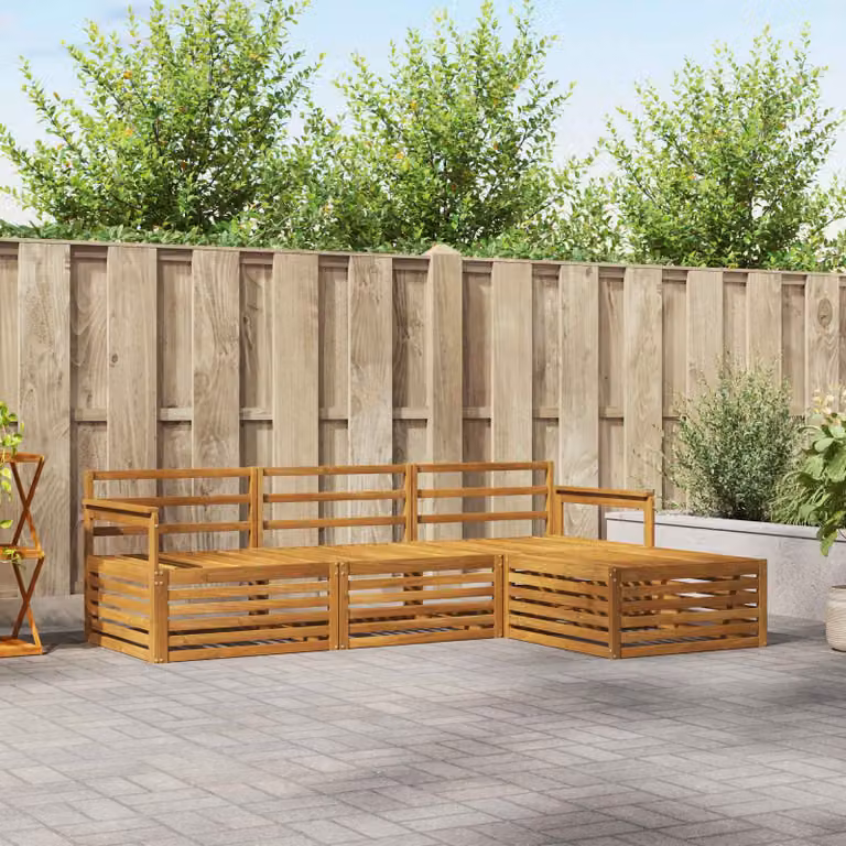 vidaXL Set di divani da esterno a L in legno di acacia massello marrone con cuscini e pouf