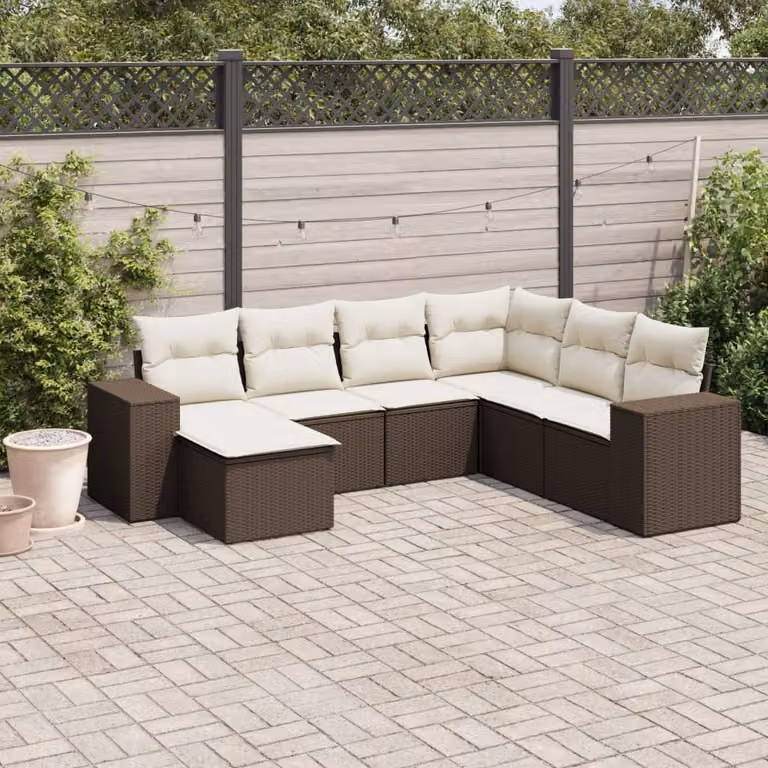 Set di divani da giardino vidaXL in 7 pezzi con cuscini in polyrattan marrone e bianco