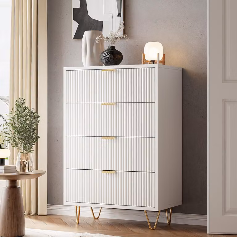 Cassettiera moderna bianca con 4 cassetti, gambe e maniglie dorate, 91 x 34 x 60 cm