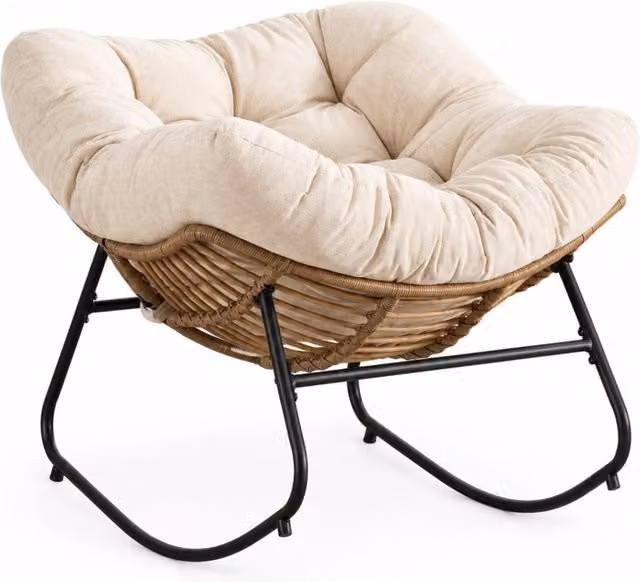 Poltrona Papasan a dondolo con design ergonomico a ciotola, struttura in metallo e rivestimento in ciniglia beige