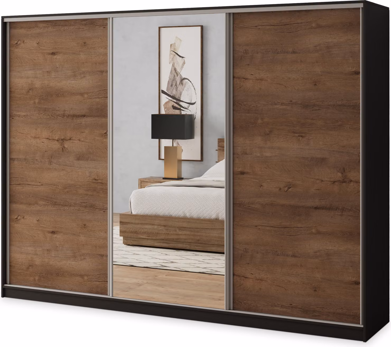 Armadio scorrevole Masseno SORE 270/205/58 cm Armadio con 4 cassetti Armadio per camera da letto a 3 ante con specchio Nero / Rovere Lefkas