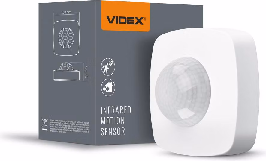 Sensore di movimento e di luce a infrarossi Videx, classe di protezione IP54, potenza 1200 W, portata 8 m, angolo di rilevamento 360°