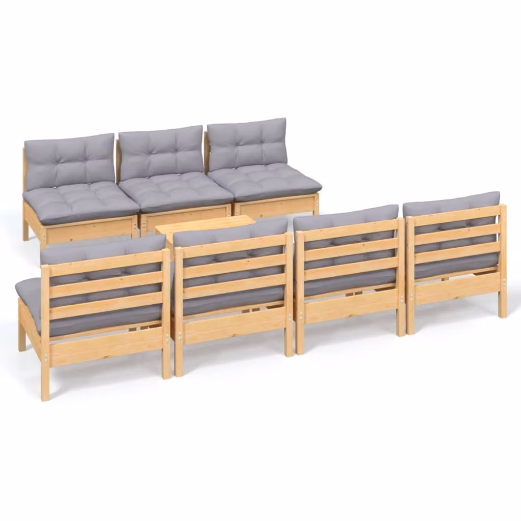Set Divani da Giardino 8 pz con Cuscini Grigi Massello di Pino