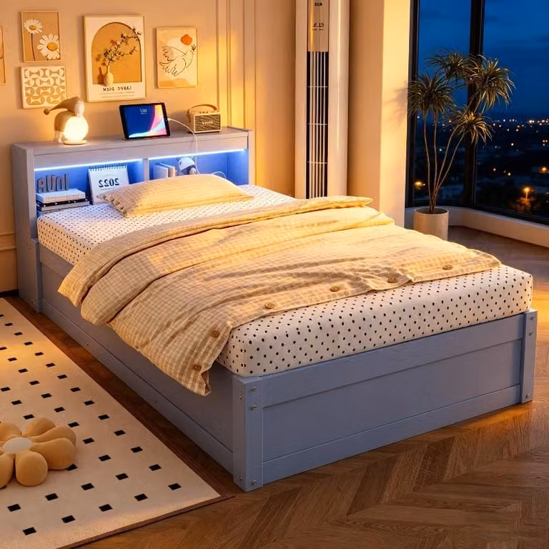 Letto contenitore 90x200 cm, grigio, con striscia LED e presa di corrente integrata, letto in legno massello con meccanismo di sollevamento idraulico, ideale per la camera da letto