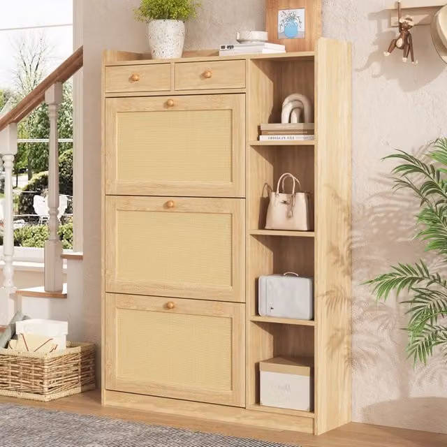 Armadio portascarpe salvaspazio MODFU in stile scandinavo con ante a ribalta, cassetti e vani aperti, colore beige, L: 90 cm, P: 24 cm, H: 130 cm