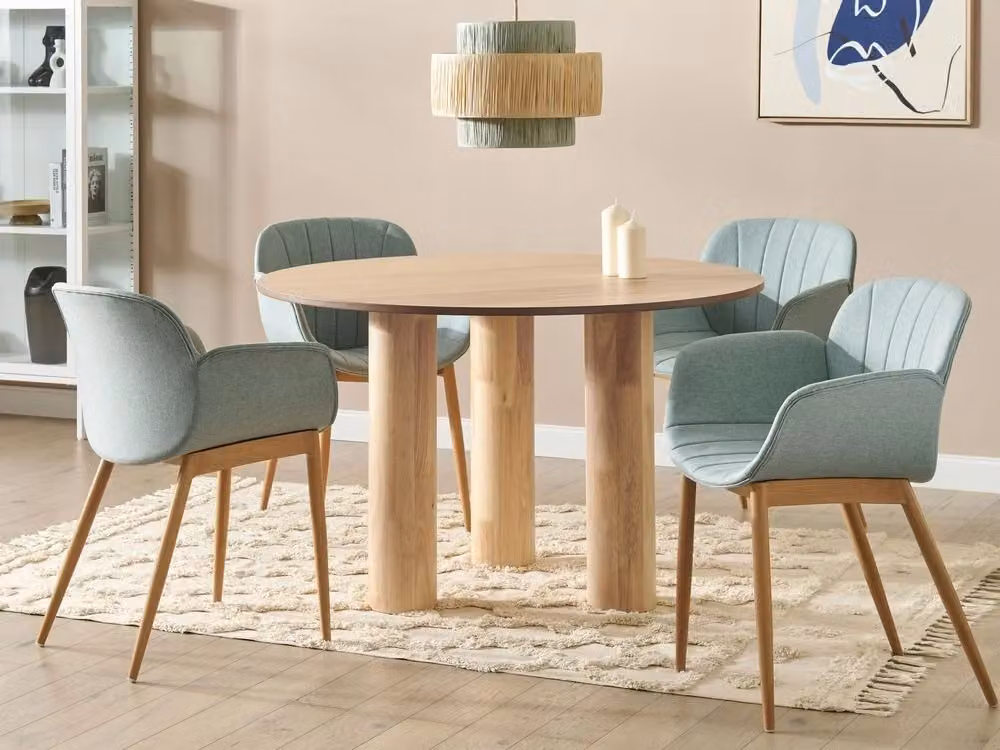 Tavolo da pranzo rotondo BELIANI in legno di frassino e gomma, piano in MDF laminato beige e gambe in legno marrone, stile rustico, Diametro: 120 cm, Altezza: 76 cm – 2