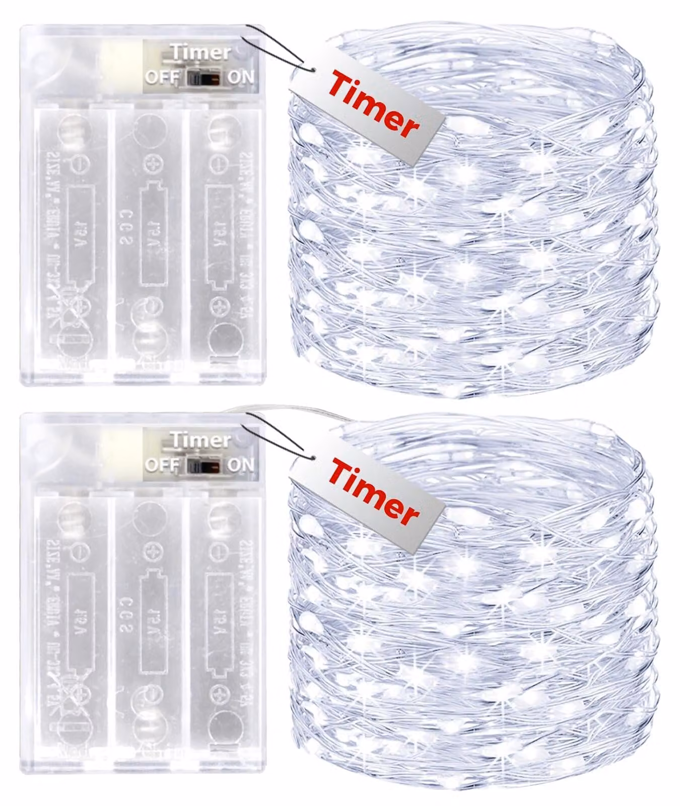 Catena luminosa a LED, 10 metri, 100 LED, luce bianca fredda, alimentazione a batteria, timer, confezione da 2