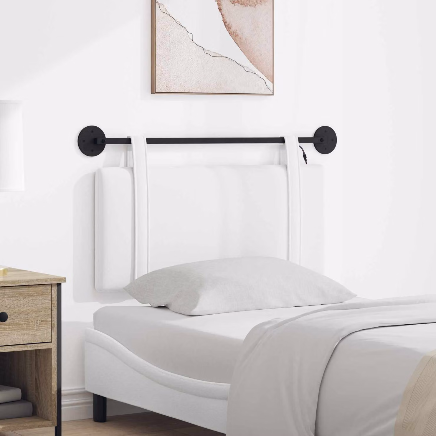 Testiera per letto sospesa vidaXL in tessuto bianco con illuminazione integrata e pannello imbottito
