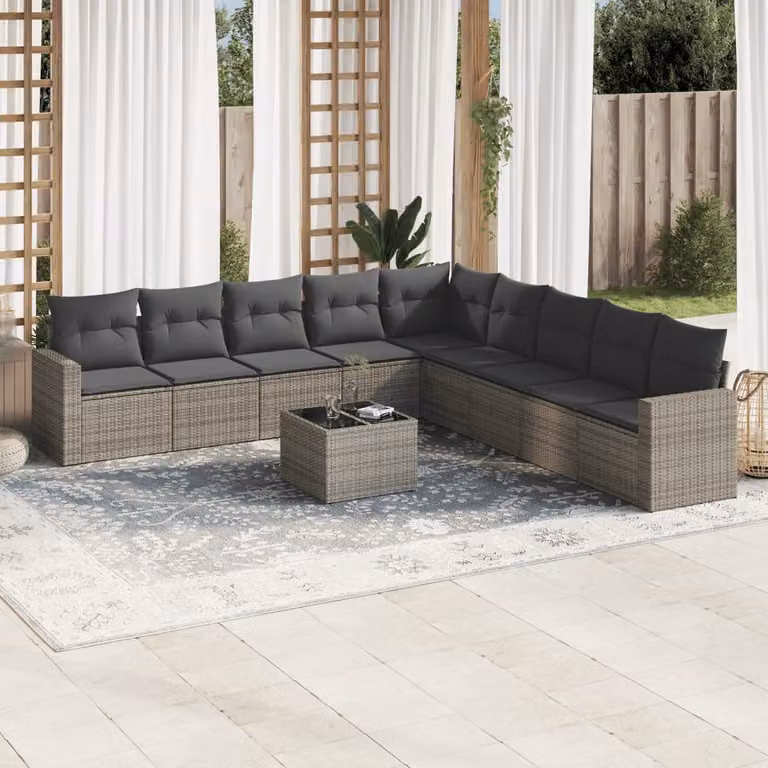 vidaXL Set Divano da Giardino a L 10 pz in Polyrattan Grigio con Cuscini e Tavolino