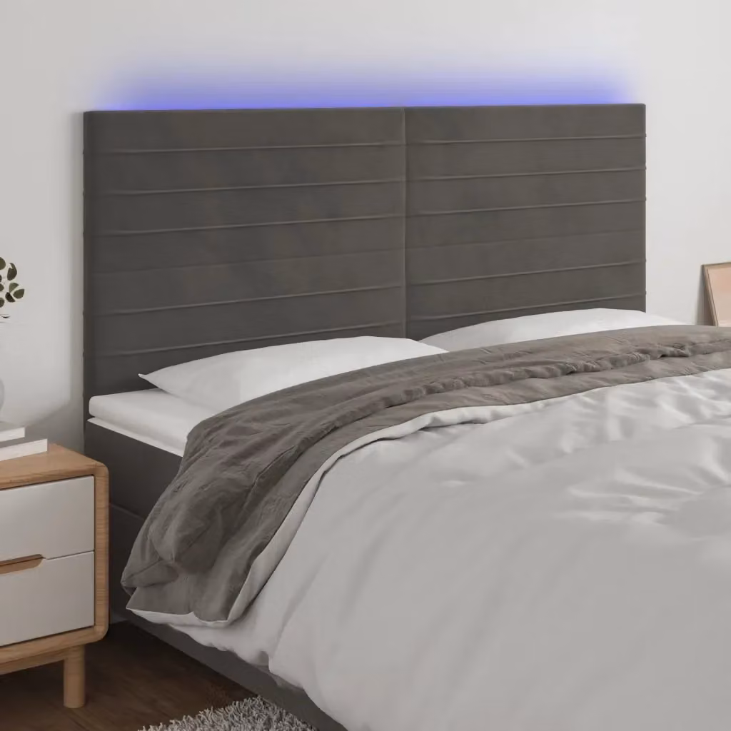 Testiera con illuminazione LED e porta di ricarica USB in velluto grigio scuro L: 200 cm, P: 5 cm, H: 118/128 cm – 2