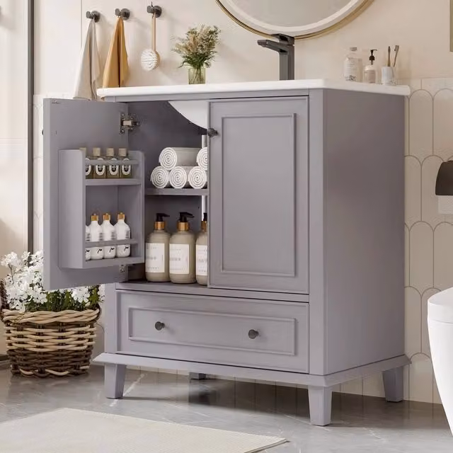 Mobile per bagno con lavabo - Xylo - 76x46x87cm - Grigio - Piedi in legno massello, resistente all'umidit??, ampio spazio di archiviazione
