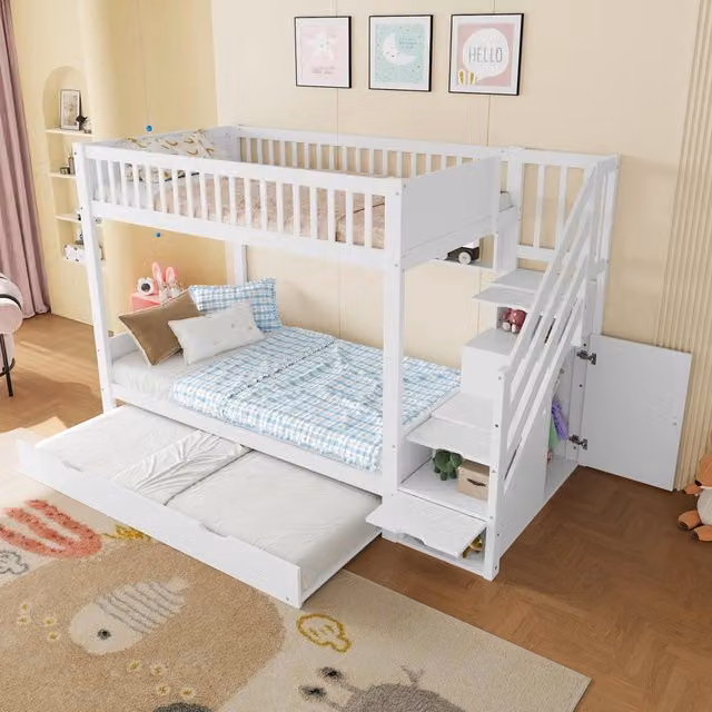 Letto a castello 3 posti 90 × 200 cm e 90 × 190 cm con letto estraibile, armadio e vano, senza materasso