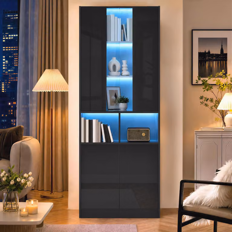 Armadio alto Fly con vetri in acrilico, illuminazione a LED, credenza da cucina con doppia anta e ripiano regolabile, mobile contenitore, colore nero