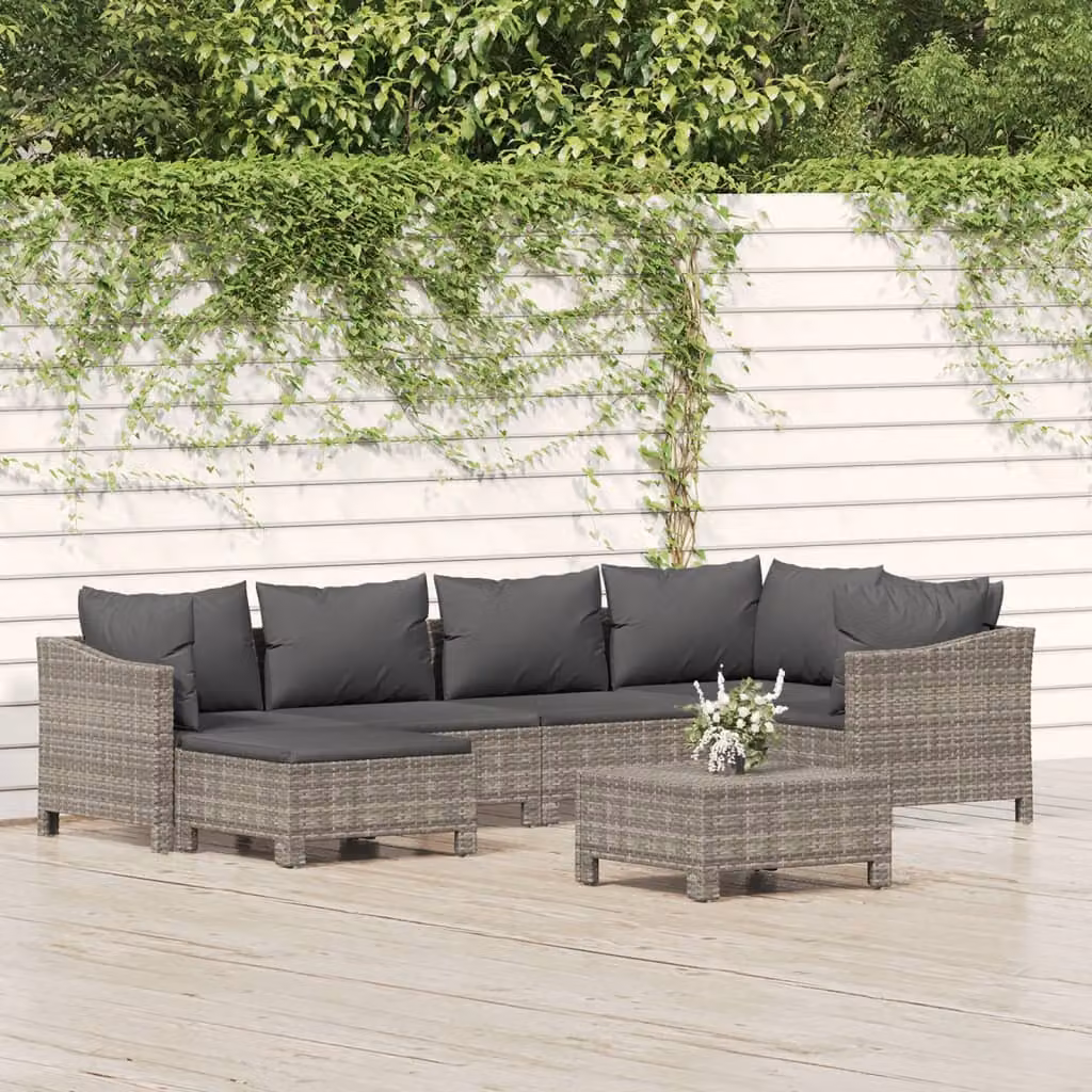 Set di divani da giardino vidaXL 7 pezzi in rattan grigio con cuscini e pouf coordinato