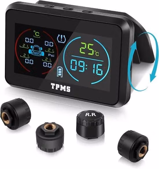 Monitor di pressione pneumatici (TPMS) con funzione di ricarica solare e USB, adatto per camper, camion e SUV - include display di ora e temperatura