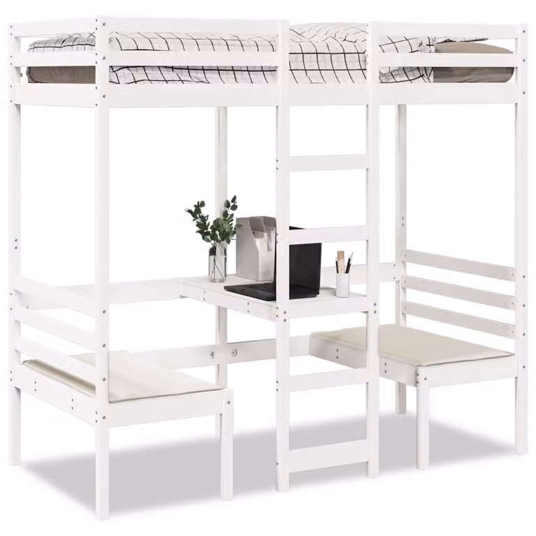 vidaXL Giroletto Soppalco in Legno di Pino con Scrivania e Sedie, Bianco, L/P: 200 x 80 cm