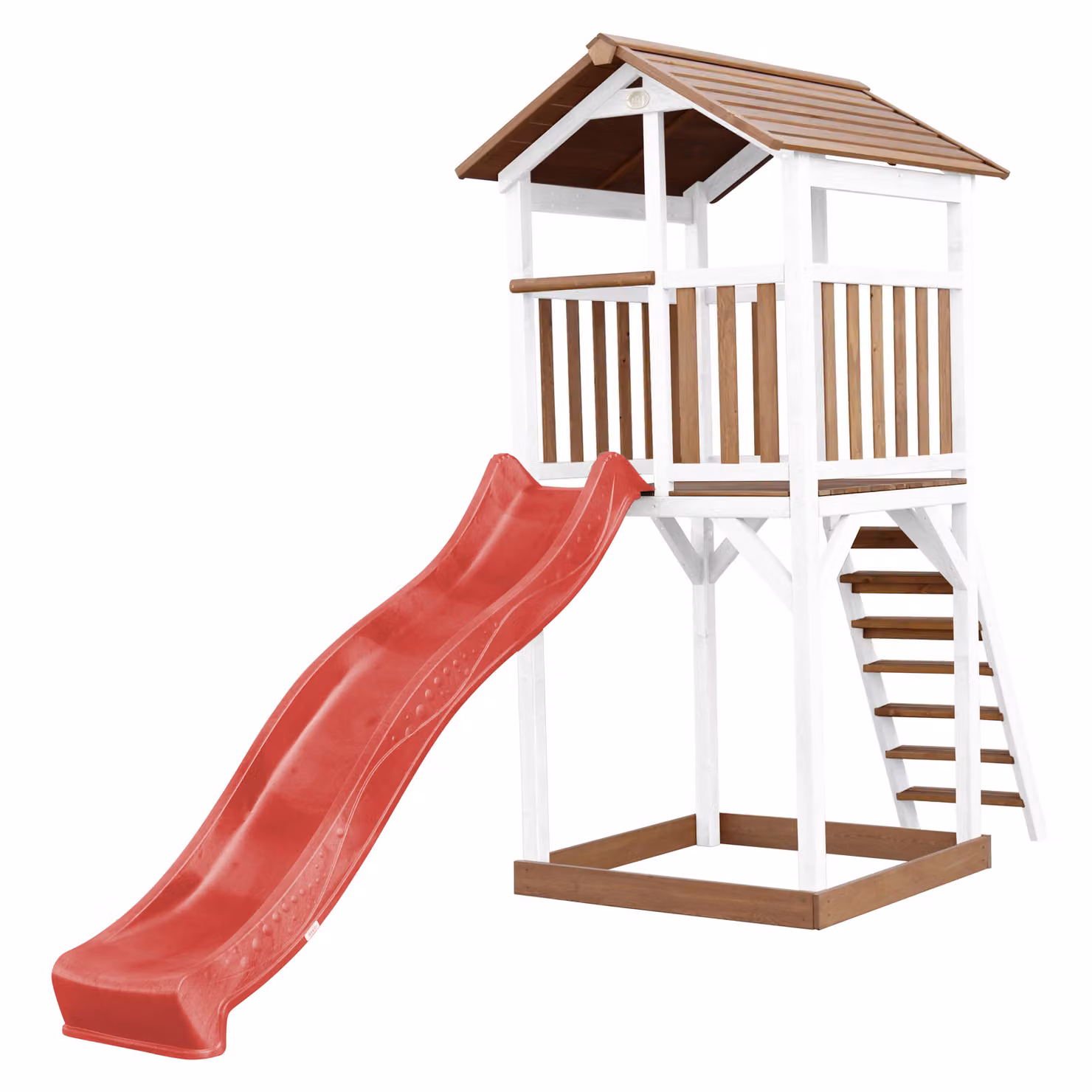 AXI Beach Tower parco giochi in legno in marrone e bianco | Torre di gioco per bambini con sabbiera e scivolo rosso | Casa per bambini su palafitte per il giardino