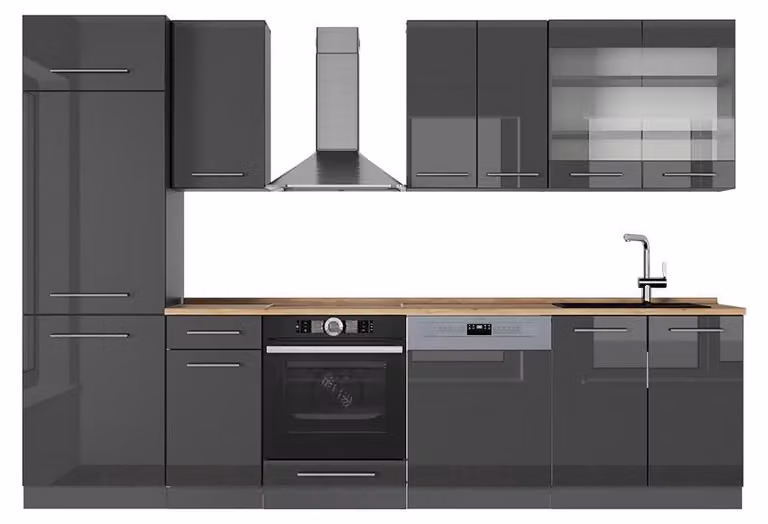 Cucina componibile Vicco Fame-Line Antracite lucido 300 cm , PL Rovere, Model 57054