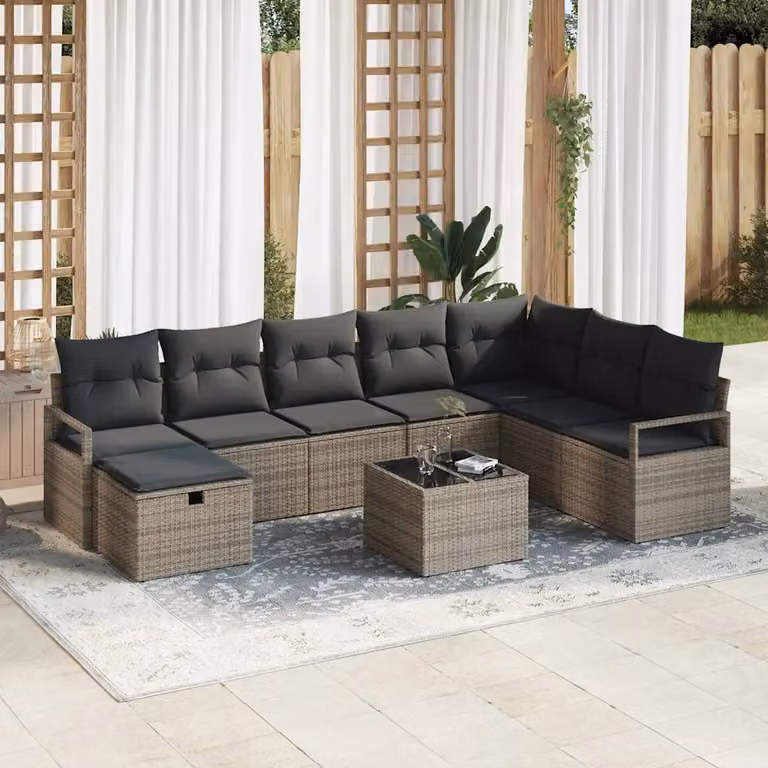 Set di divani da giardino vidaXL in polyrattan grigio con cuscini e tavolino da esterno, 6 pezzi