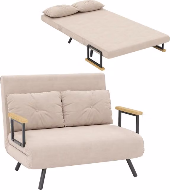 Divano Letto 2 Posti in Velluto Beige e Naturale con Schienale Regolabile a 5 Posizioni e 2 Cuscini per Soggiorno