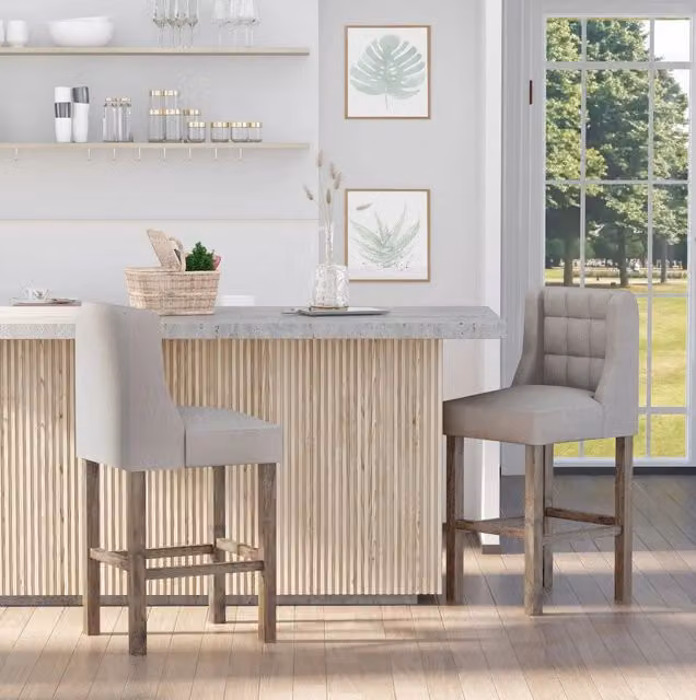 Set di 2 Sgabelli da Bar con Schienale, Legno Massello e Tessuto Grigio Naturale, 47x50x101 cm