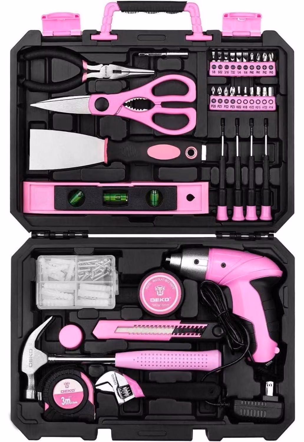 Valigetta degli attrezzi rosa, 98 pezzi, con avvitatore a batteria da 3,6V, ideale per la casa e l'ufficio