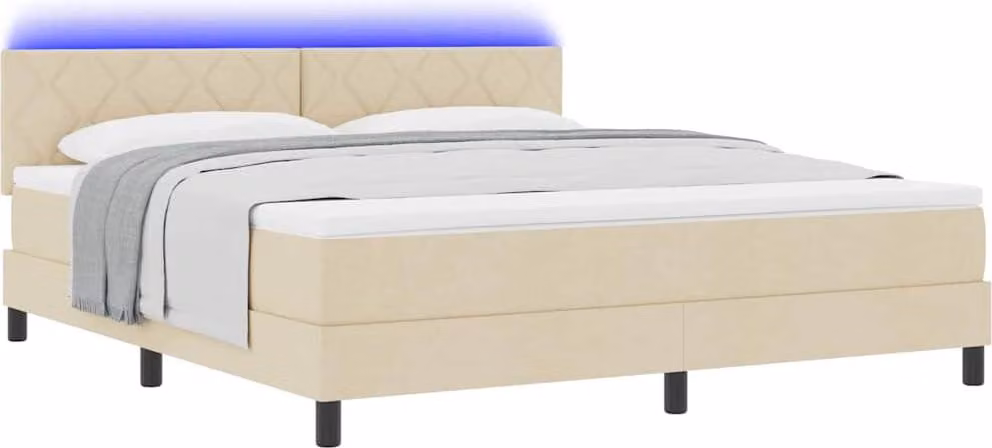 Letto boxspring con strisce luminose a LED, color crema, 180 x 200 cm, rivestimento in tessuto
