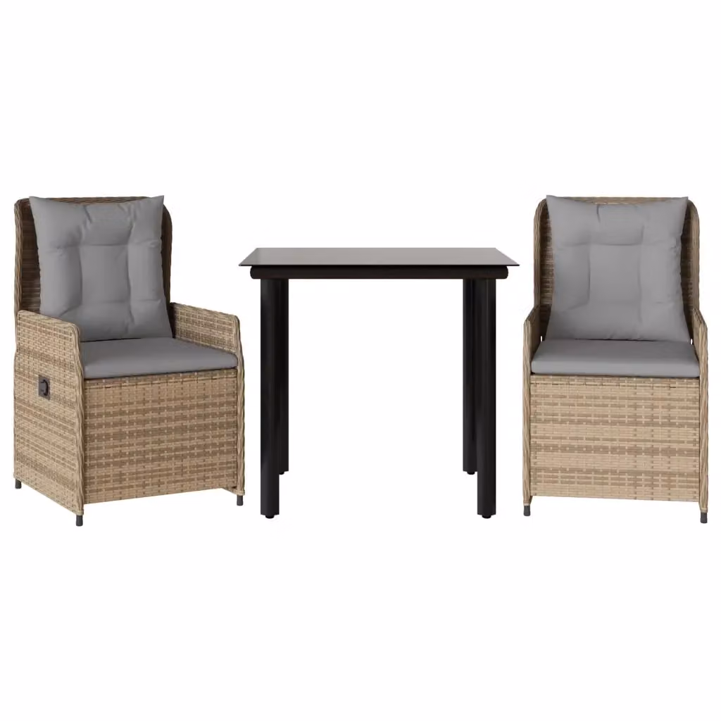Set da Pranzo da Giardino 3 pz vidaXL in Polyrattan con Cuscini Beige e Tavolo in Vetro – 2