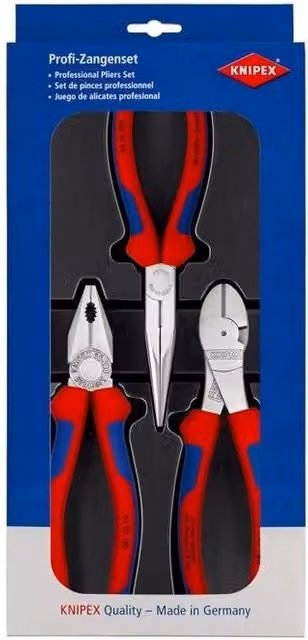 Assortimento di utensili Knipex 3 pezzi colore nero con pinza universale 180 mm, tronchese laterale 180 mm e pinza con becchi mezzotondi 200 mm