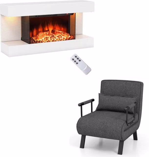 Camino elettrico stufa da 750W/1500W e divano letto trasformabile, Camino elettrico da parete a 3 lati e divano chaise lounge Grigio scuro