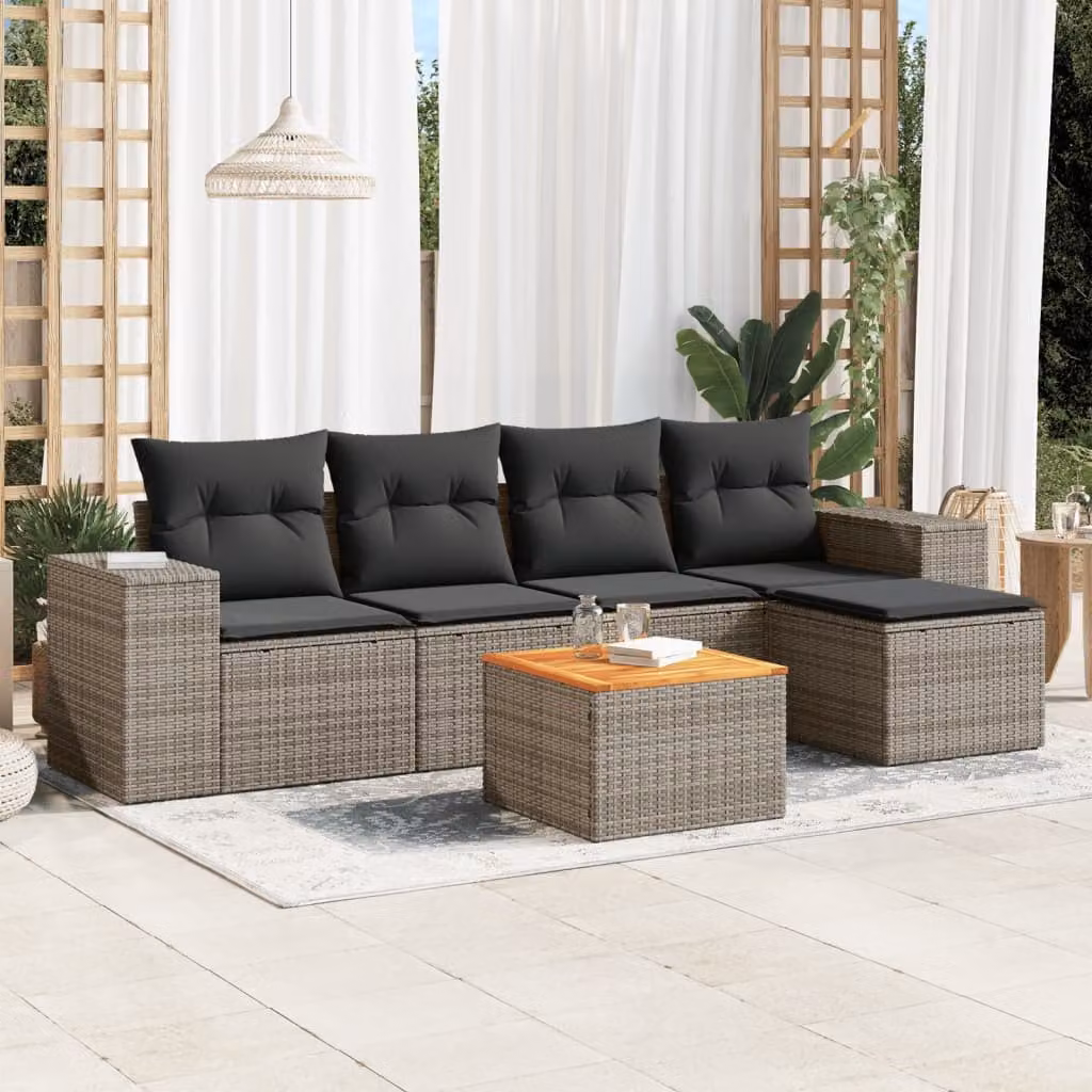 vidaXL Set Divano da Giardino 6 pz a L in Polyrattan Grigio con Cuscini e Tavolino – 1