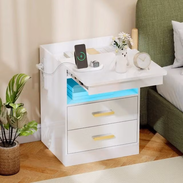 Comodino moderno WISHDOR bianco lucido con illuminazione integrata e 2 cassetti