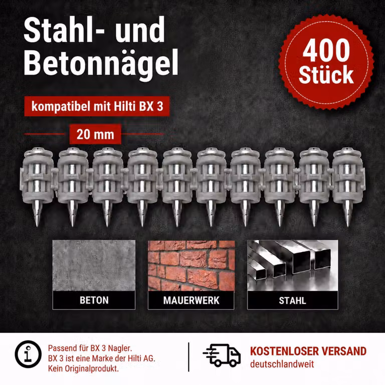 Chiodi in acciaio e cemento da 20 mm, confezione da 400 pezzi, compatibili con il sistema di fissaggio per muratura Hilti BX 3