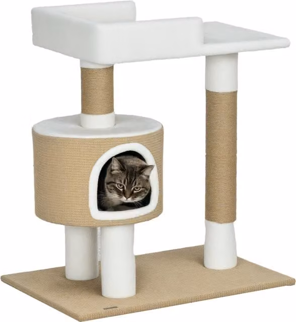 Albero tiragraffi PawHut con tana e lettiera per gatti, Naturale e Bianco, H 79 cm x L 70 cm x P 49 cm – 1