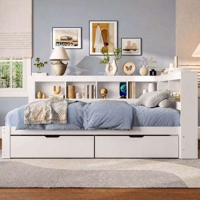 Letto daybed moderno in legno e tessuto bianco con cassetti e porte USB L/P: 140 x 200 cm