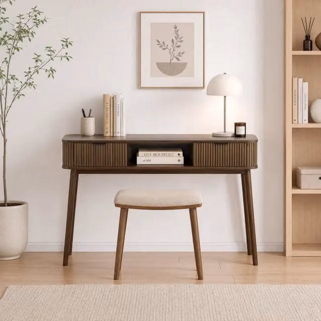 Consolle MIVRAY in stile mid-century con due cassetti e vano aperto, finitura noce opaca, ideale per ingresso e soggiorno