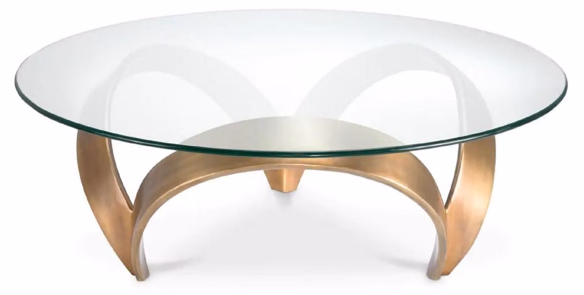 Casa Padrino Luxury Coffee Table Vintage Brass Ø 110 x H. 36,5 cm - Tavolo da soggiorno rotondo in alluminio con piano in vetro - Mobili Soggiorno - Mobili Hotel - Mobili Lusso - Collezione Lusso