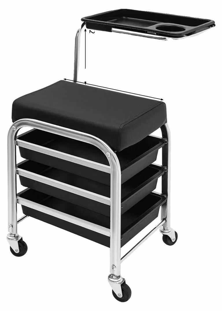 Carrello per manicure, con tre ripiani, piano di appoggio regolabile in altezza, colore nero