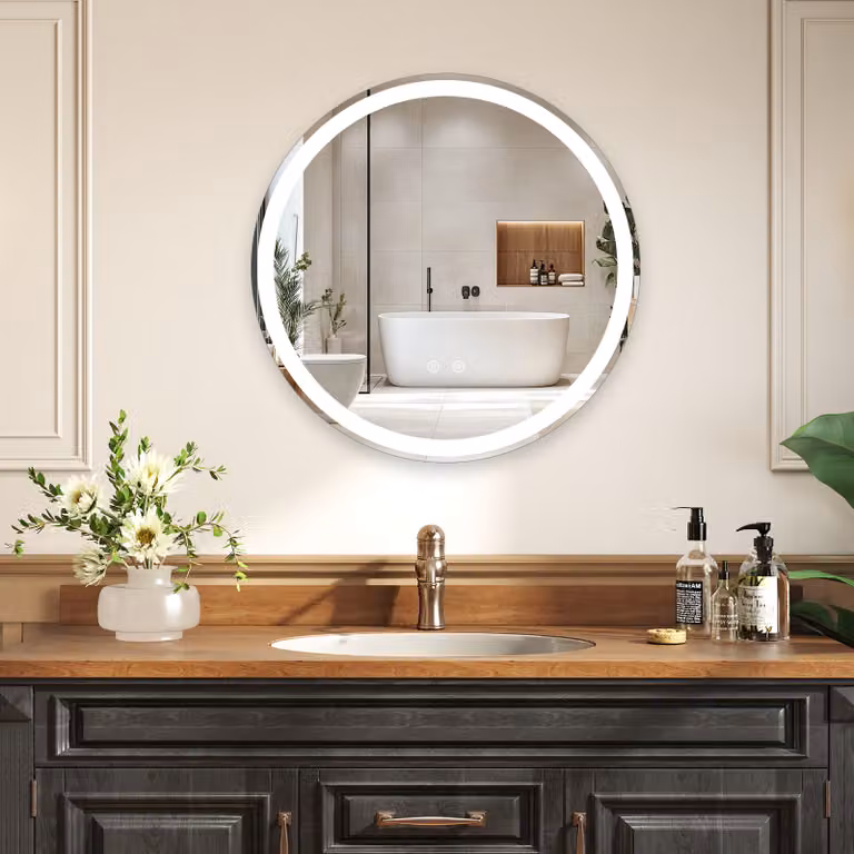 Specchio da bagno rotondo Costway con LED regolabile, vetro temperato e funzione anti-appannamento, colore bianco, Diametro: 60 cm