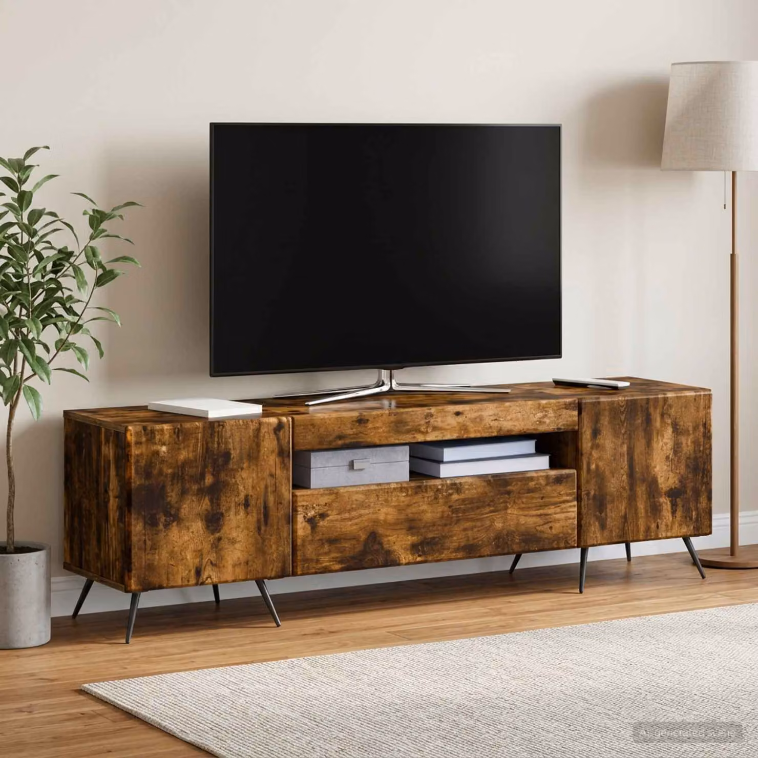 Mobile TV stand vidaXL moderno in legno ingegnerizzato rovere fumo marrone con illuminazione integrata e scomparti multimediali L: 153,0 cm, P: 35,0 cm, H: 43,0 cm