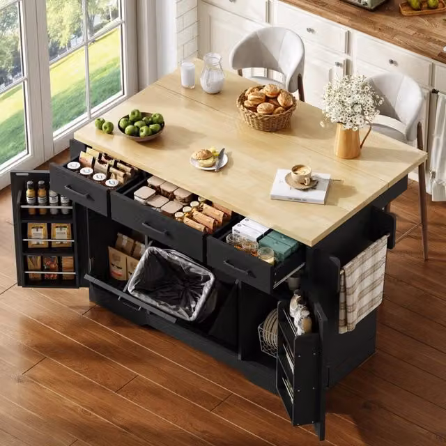 Isola da cucina mobile con piano ribaltabile; vano rifiuti e portaspzie; MDF nero 120 x 45(70) x 87 cm