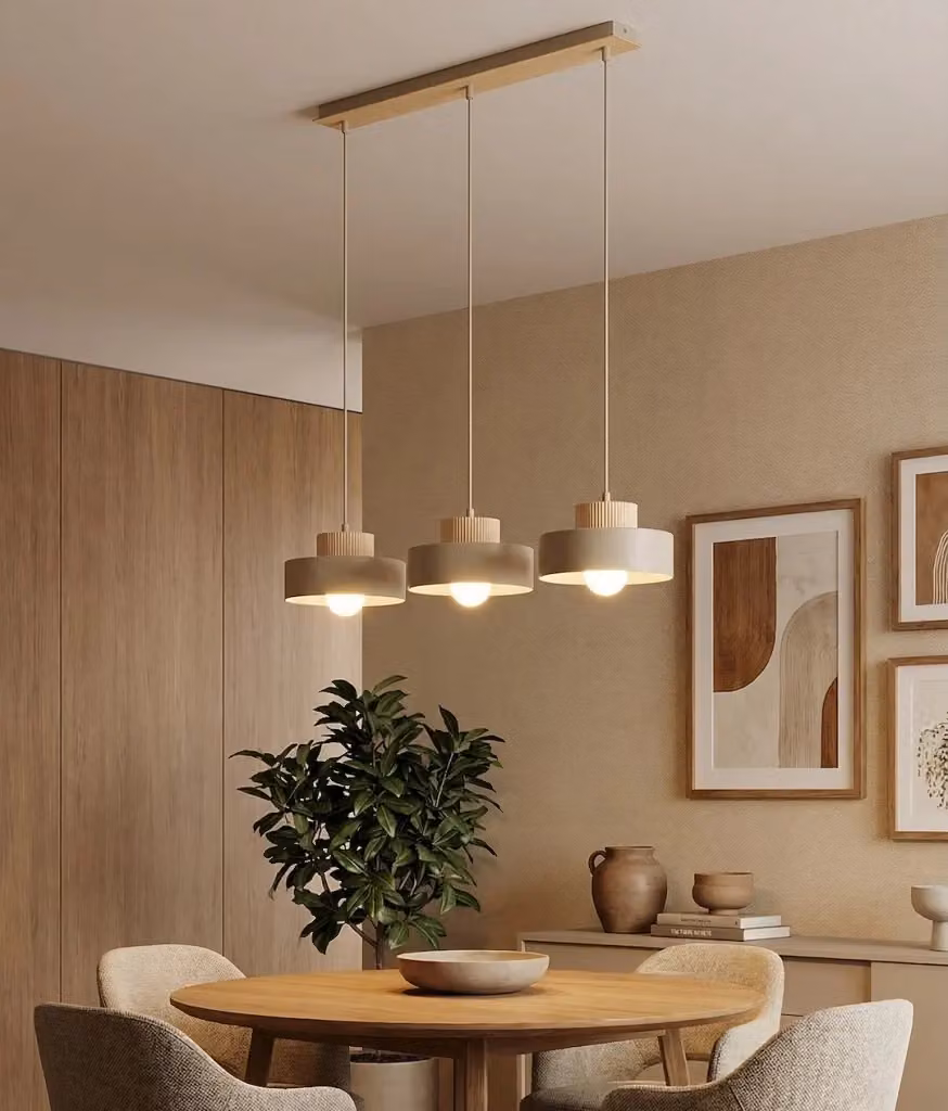 Lampada sospesa KIVI Emibig in stile Japandi beige con materiali in legno e carta per 3 lampadine E27 – 2