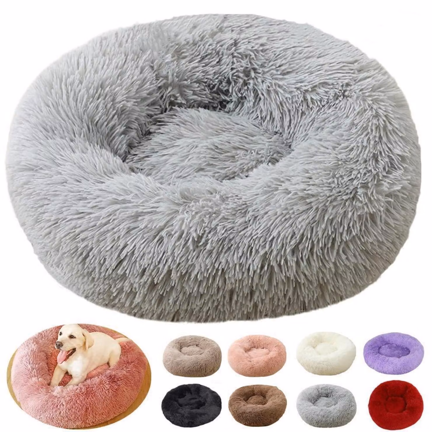 Cuccia per cani a forma di ciambella, grigio chiaro, diametro 100 cm, lavabile, rotonda, antistress, morbida e confortevole